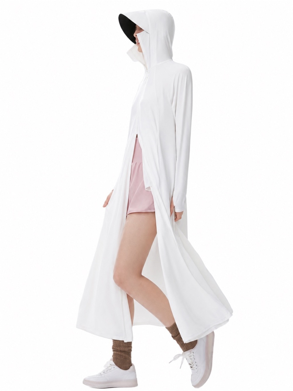 Women’s White UPF 100+ Long Hooded Sun Protection Cover-Up • Zip Front
